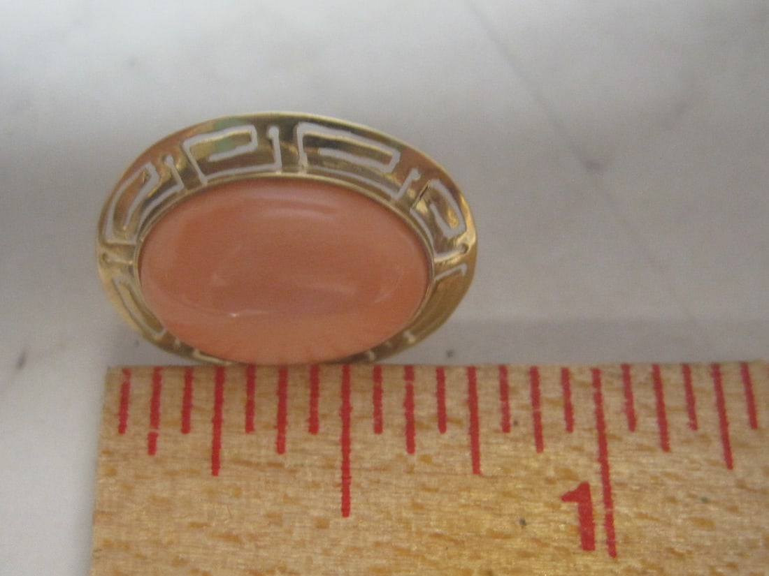 14k Gold Pink Coral Pierced Earrings with Greek Key Border - 5