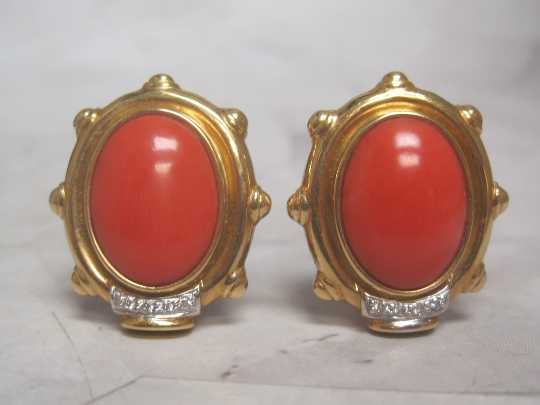 18k Gold Coral & Diamond Pierced Earrings: Weighs 18.8 grams, Matches bracelet in Lot 7