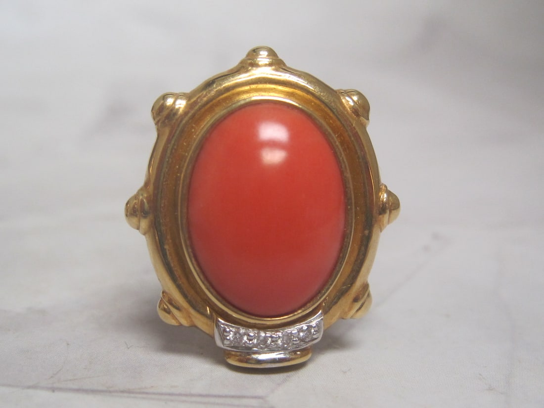 18k Gold Coral & Diamond Pierced Earrings - 2