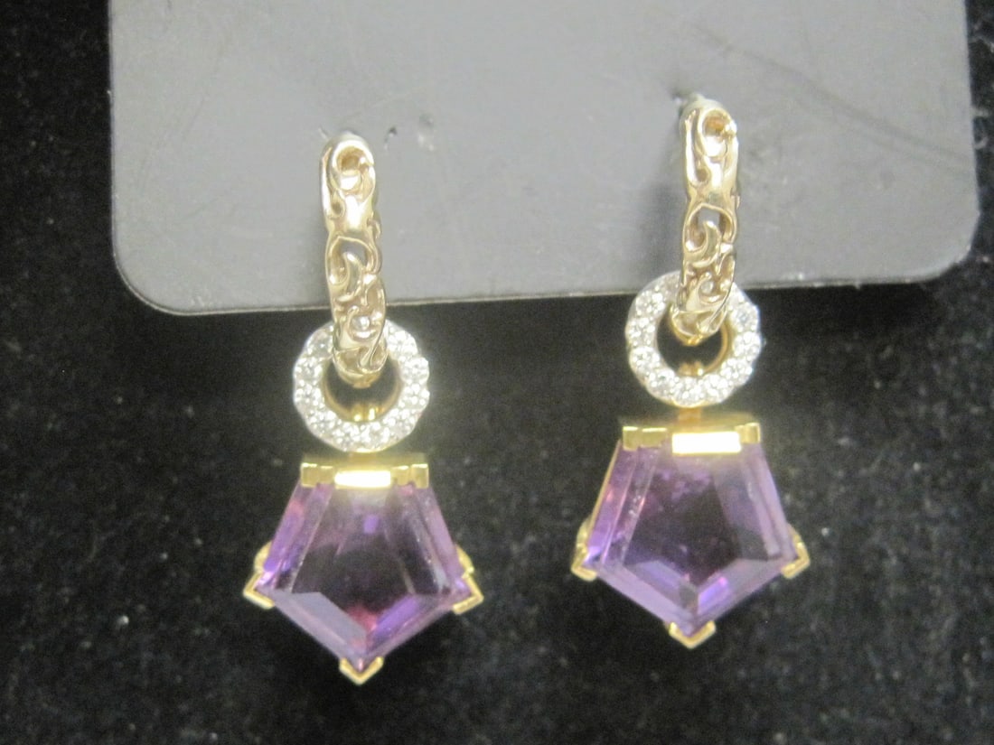 18k Gold Amethyst & Diamond Earrings: Weighs 9.4 grams