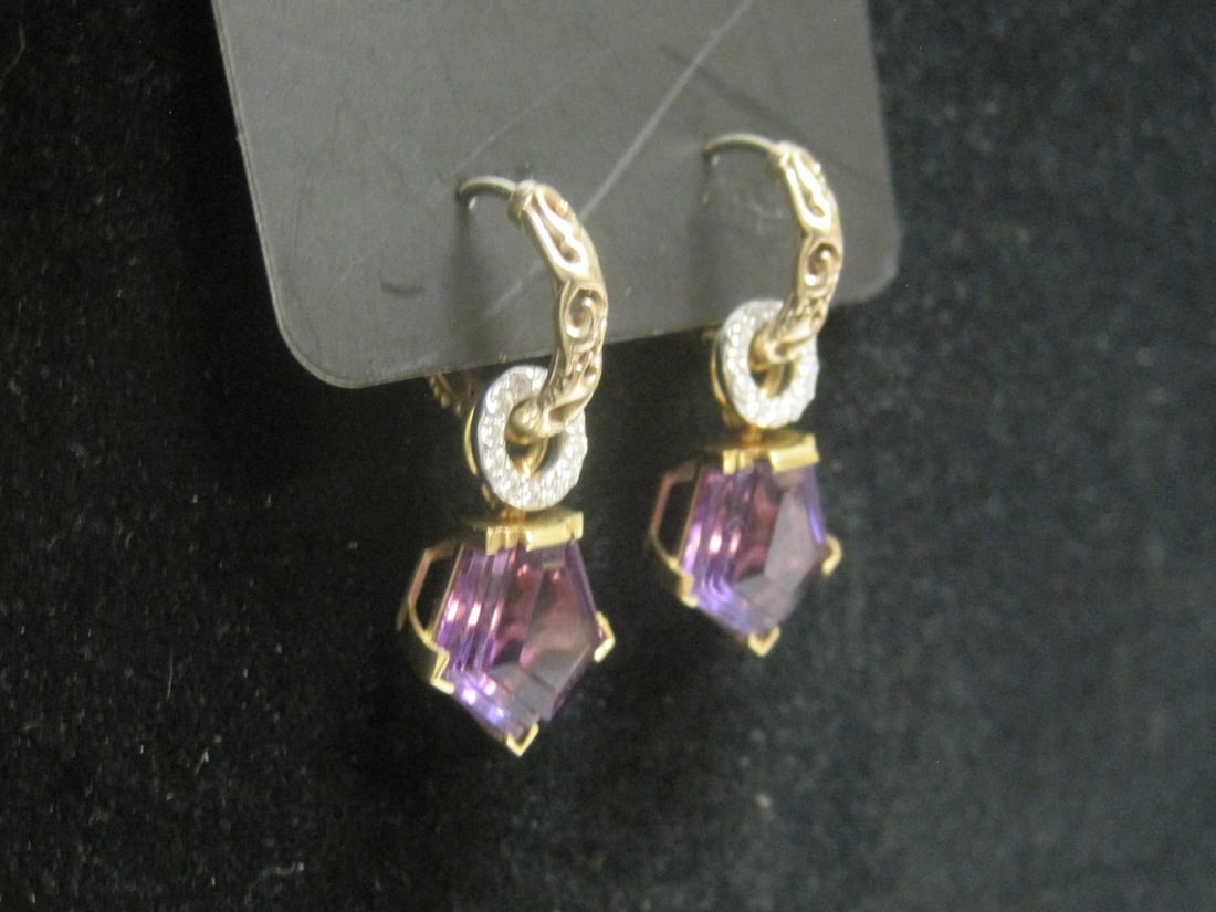 18k Gold Amethyst & Diamond Earrings - 4