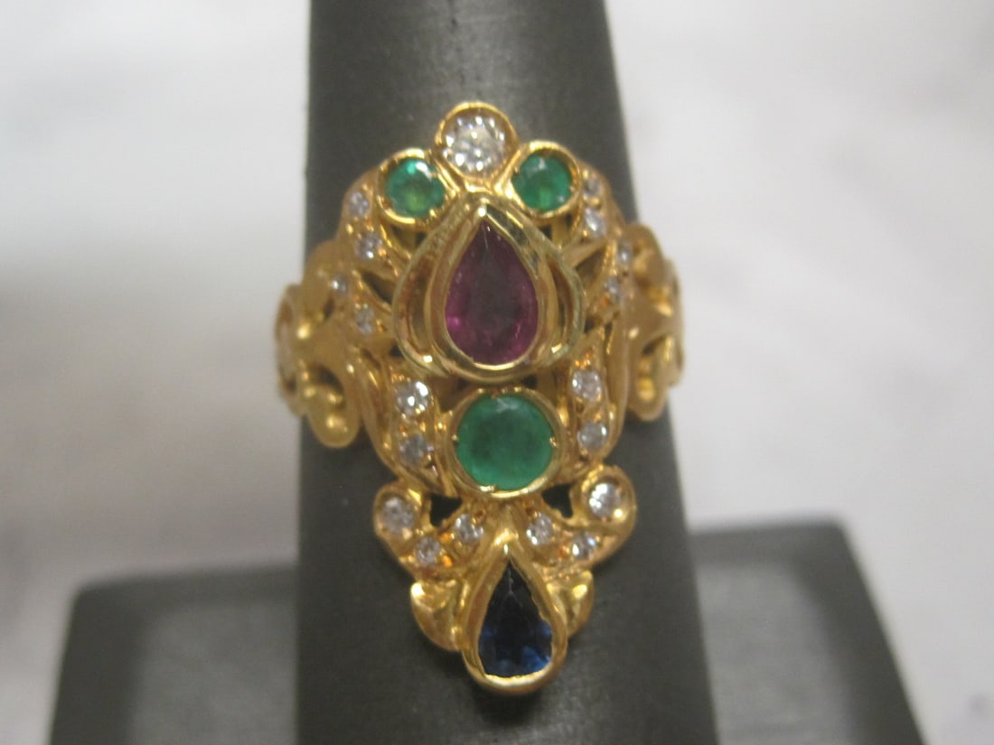 18k Gold Diamond, Emerald, Ruby, & Sapphire Ring - 2