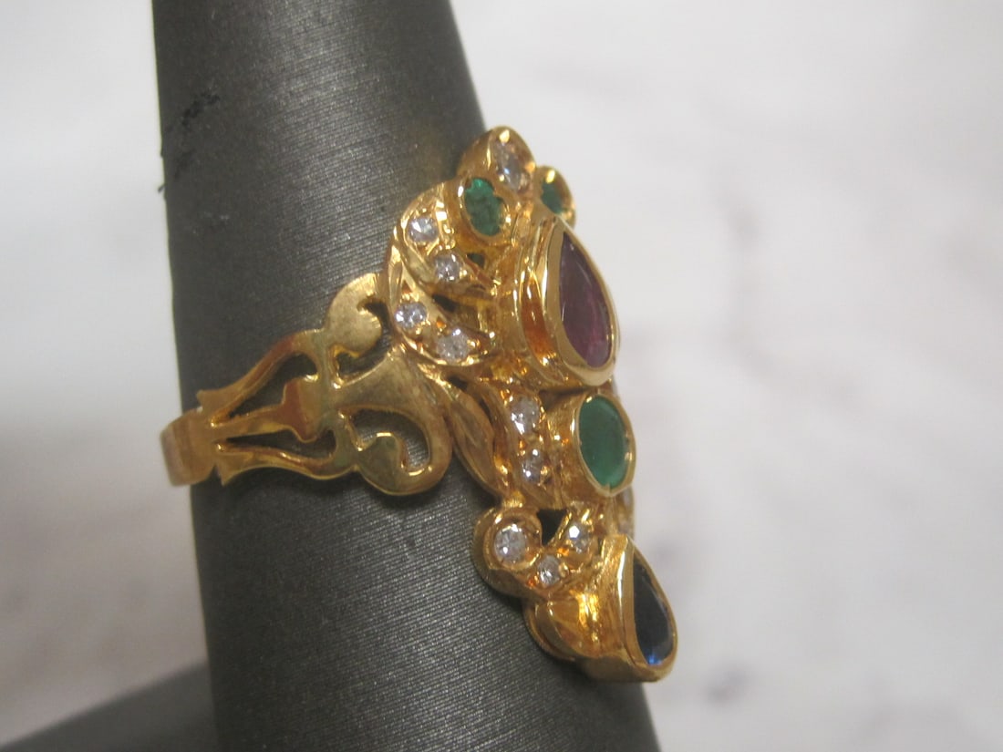 18k Gold Diamond, Emerald, Ruby, & Sapphire Ring - 3