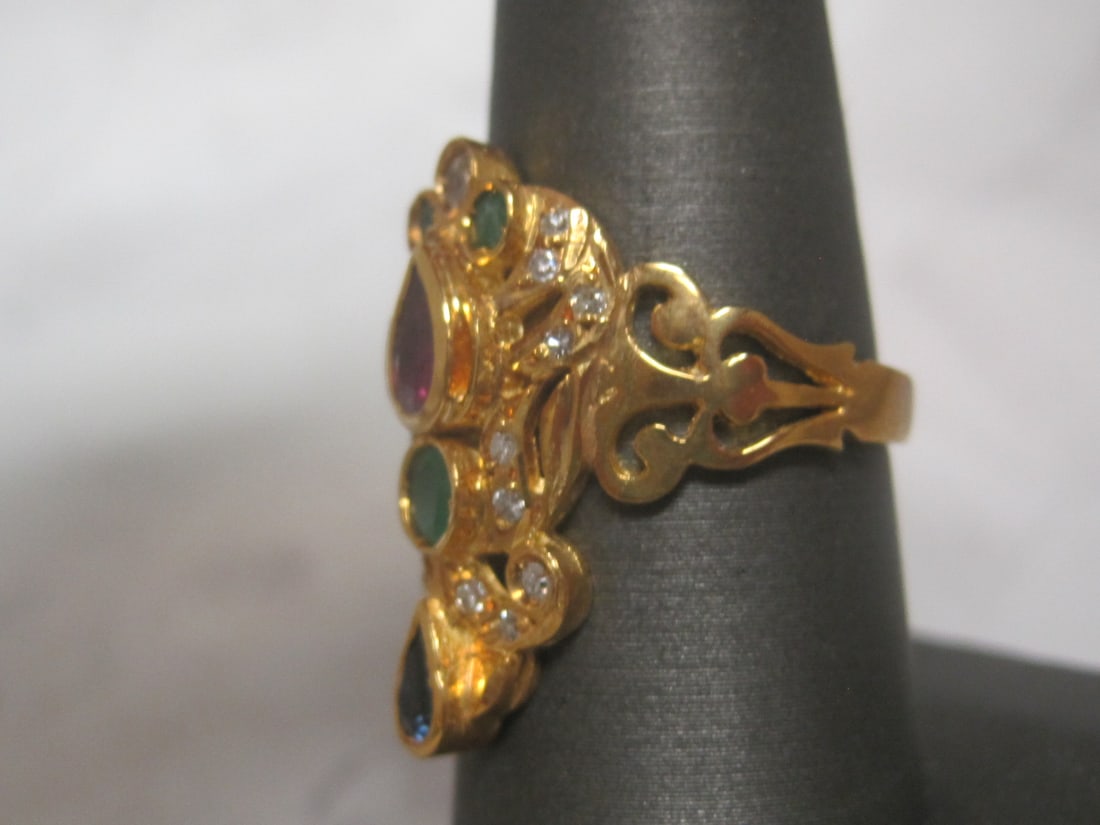 18k Gold Diamond, Emerald, Ruby, & Sapphire Ring - 4