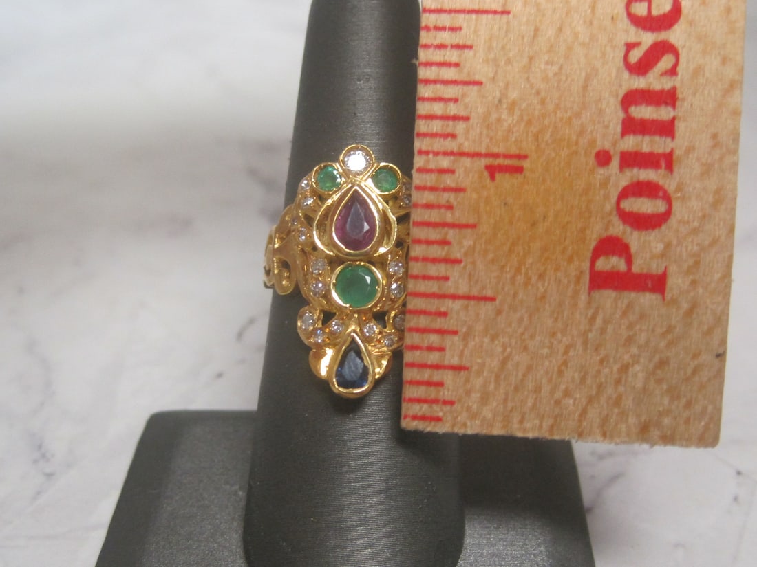18k Gold Diamond, Emerald, Ruby, & Sapphire Ring - 5