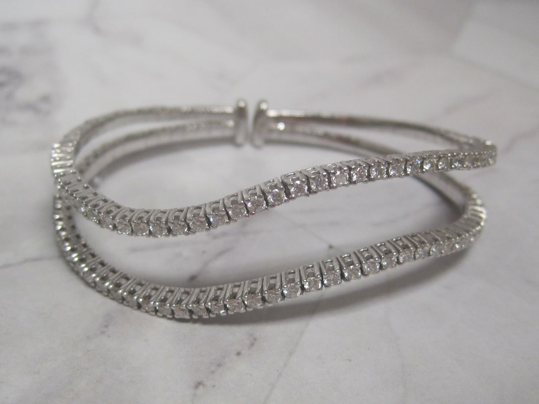 18k White Gold Double Row Diamond Flexible Cuff Bracelet - 5