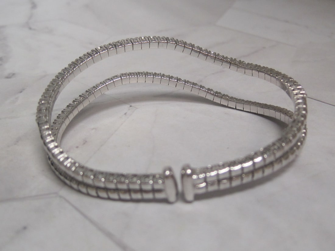 18k White Gold Double Row Diamond Flexible Cuff Bracelet - 7