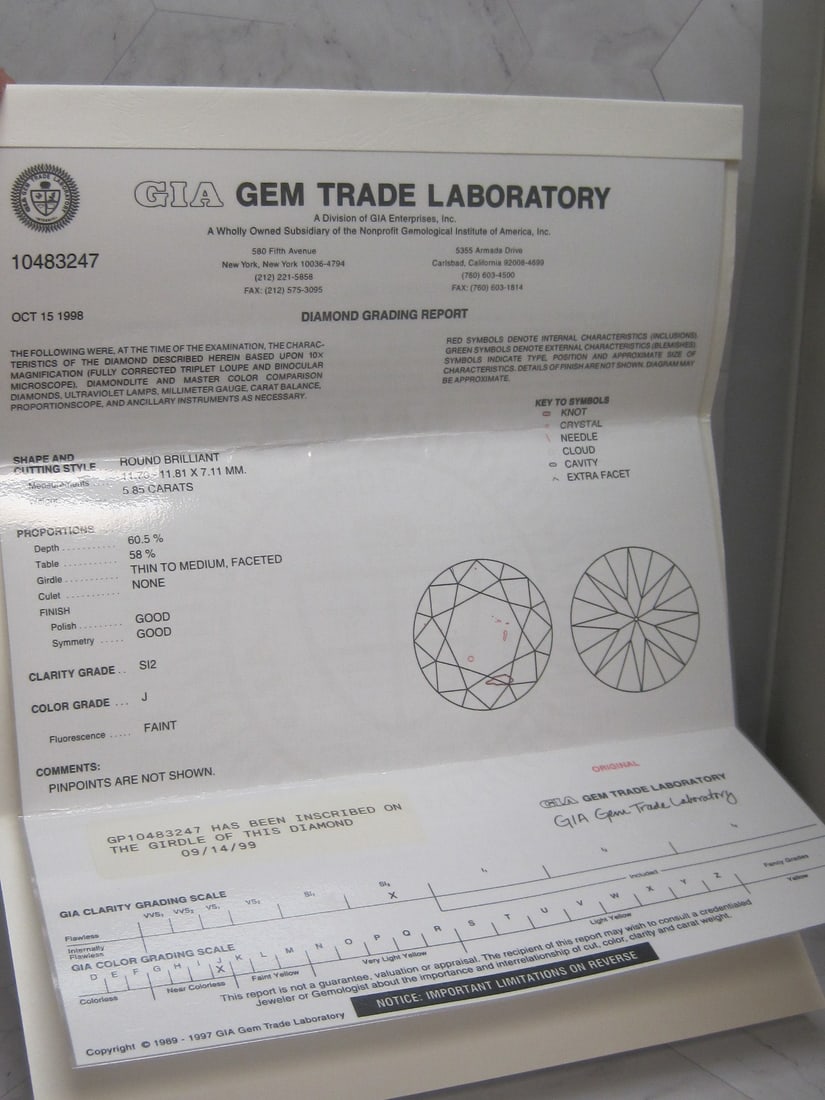 Platinum 5.85 Carat Round Brilliant Cut Diamond Ring appraised at $52,622.00 (25 years ago) - 5