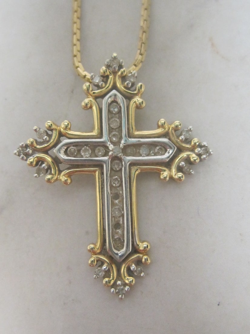 14k Gold Diamond Cross Pendant on 18" 14k Gold Chain - 2