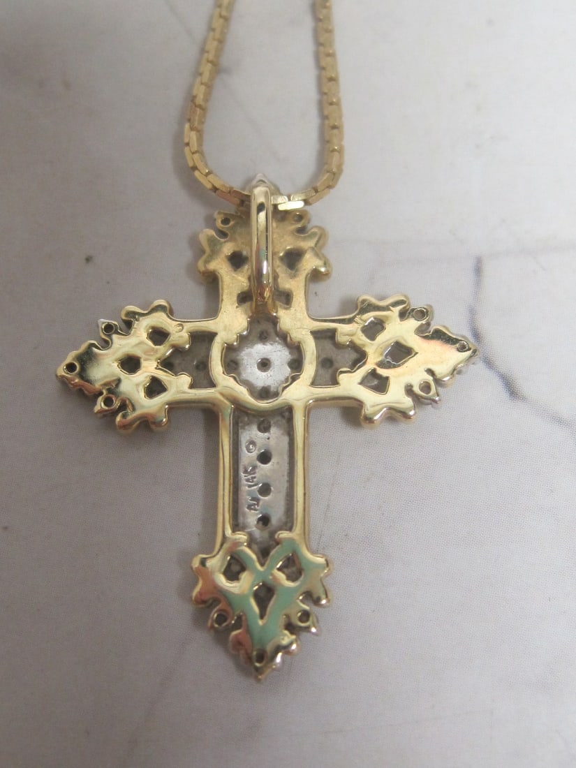 14k Gold Diamond Cross Pendant on 18" 14k Gold Chain - 6