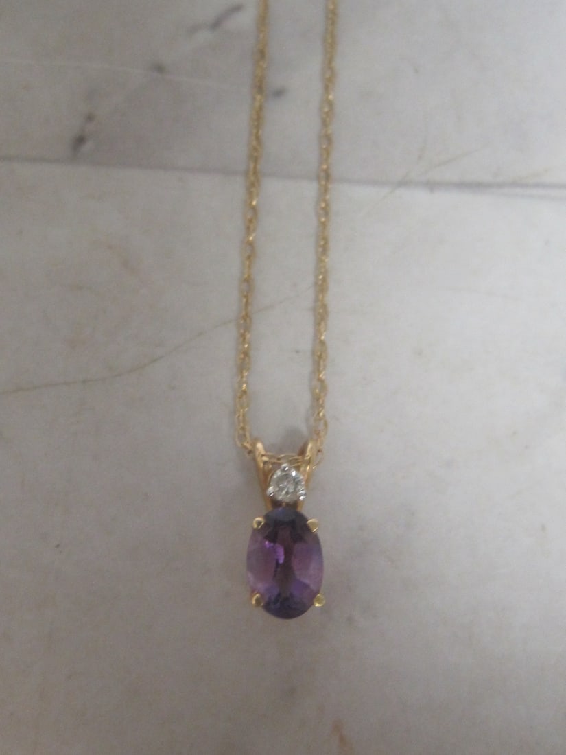 14k Gold Amethyst & Diamond Pendant on 18" 14k Gold Chain (1 of 4)