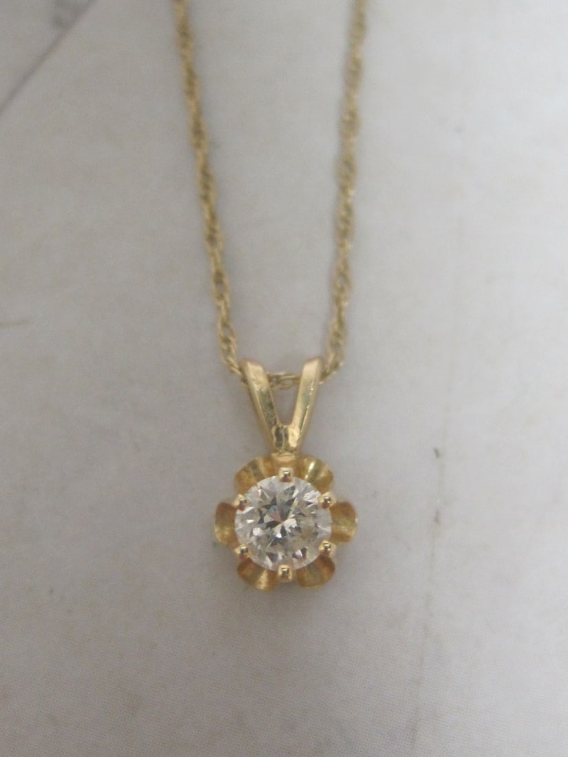 10k Gold Diamond Solitaire Pendant on 16" 10k Gold Chain (1 of 6)