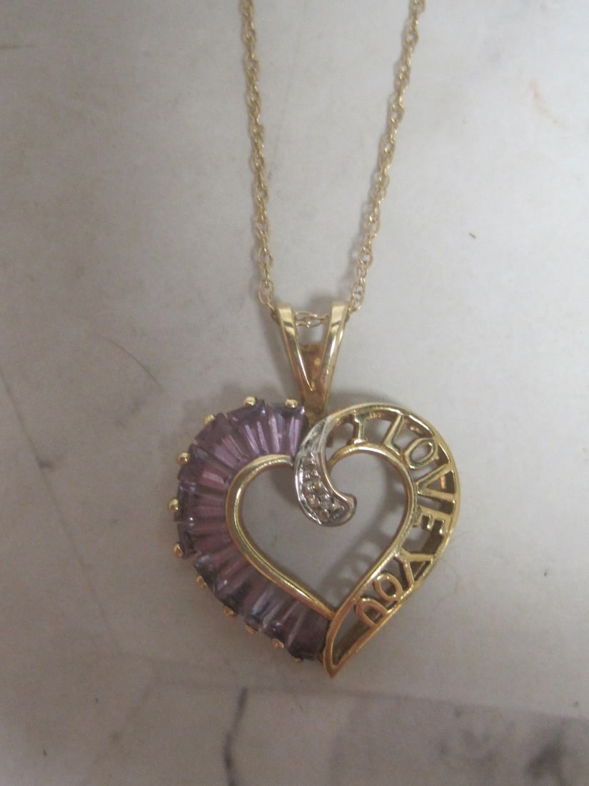 10k Gold "I Love You" Amethyst & Diamond Heart Pendant on 20" 14k Gold Chain: Weighs 2.6 grams