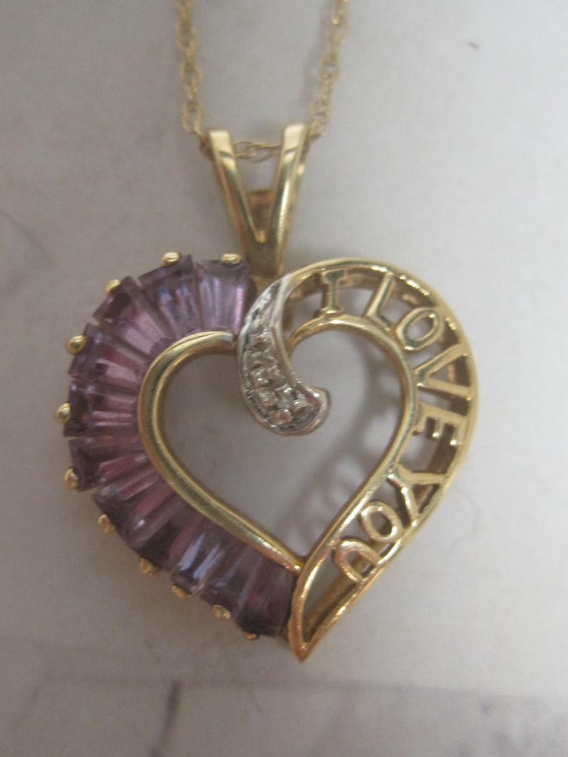 10k Gold "I Love You" Amethyst & Diamond Heart Pendant on 20" 14k Gold Chain - 2