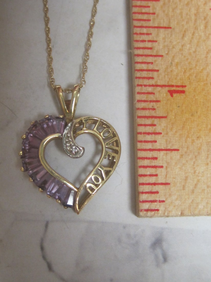 10k Gold "I Love You" Amethyst & Diamond Heart Pendant on 20" 14k Gold Chain - 4
