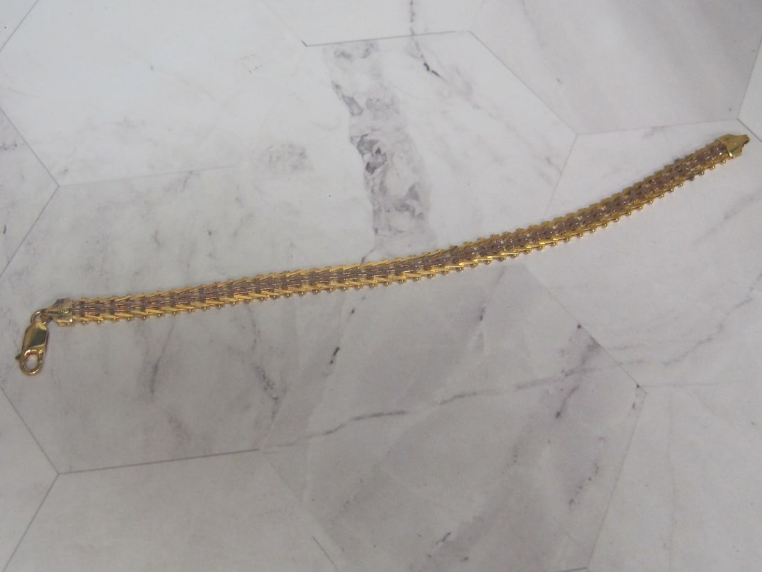 7 1/2" Sterling Silver Vermeil Riccio Bead Two Tone Bracelet: Weighs 11.8 grams