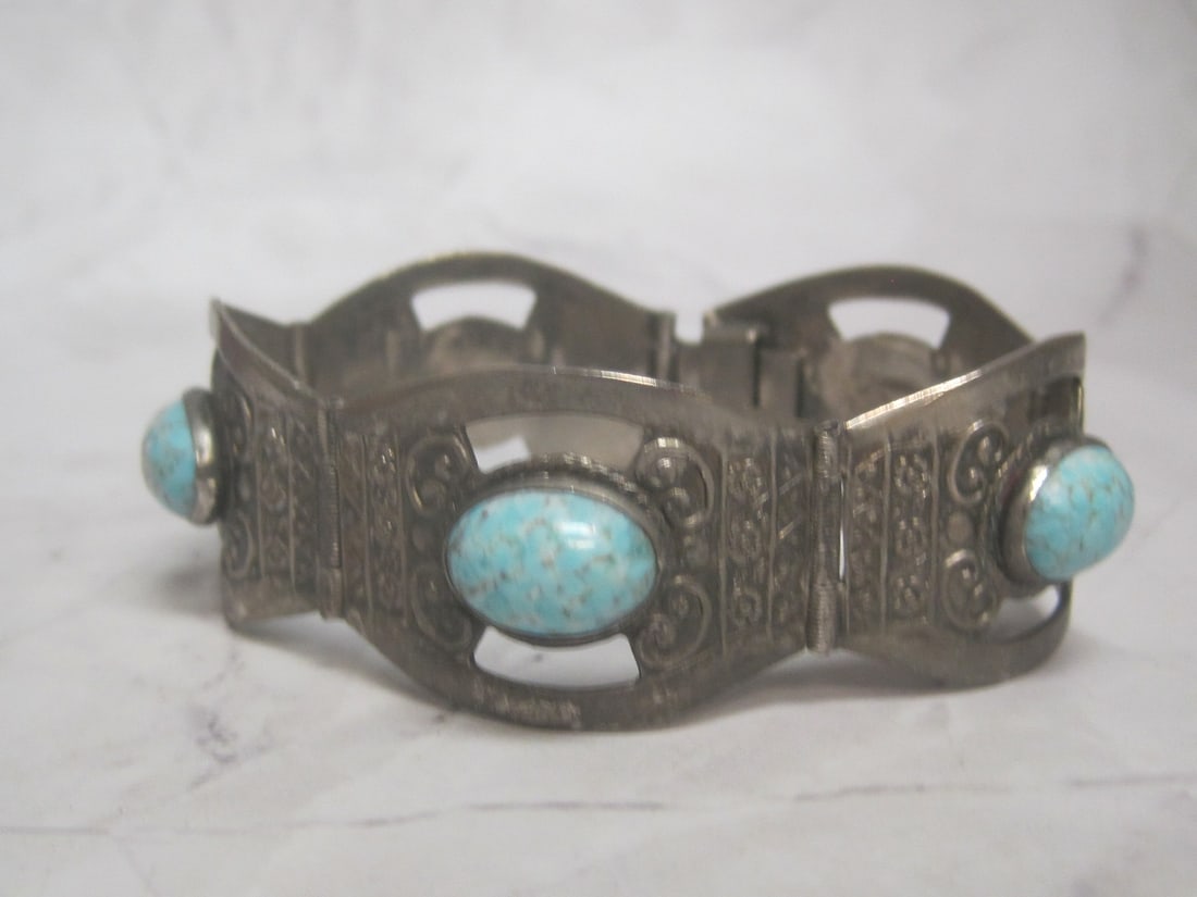 Mexican Silver Turquoise Bracelet: Weighs 36.9 grams, Jeweler Tested