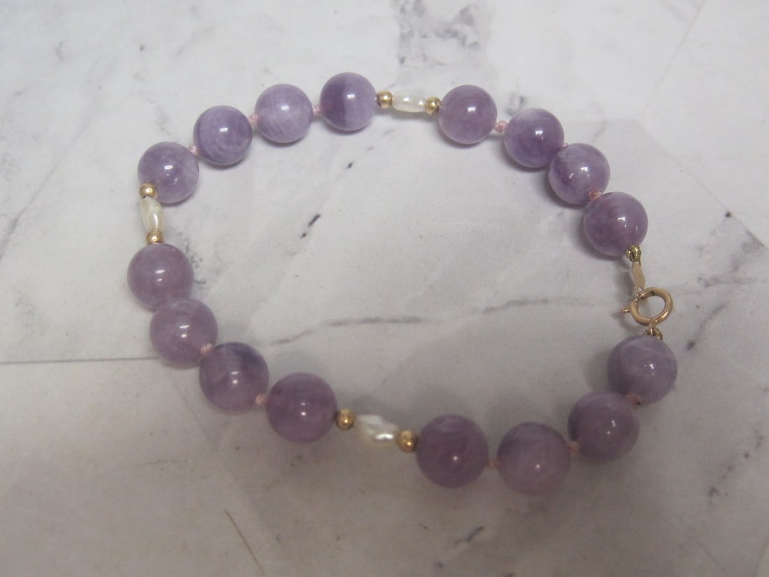 7" Amethyst Bead & Pearl Bracelet with 14k Gold Clasp & Accent Beads: .