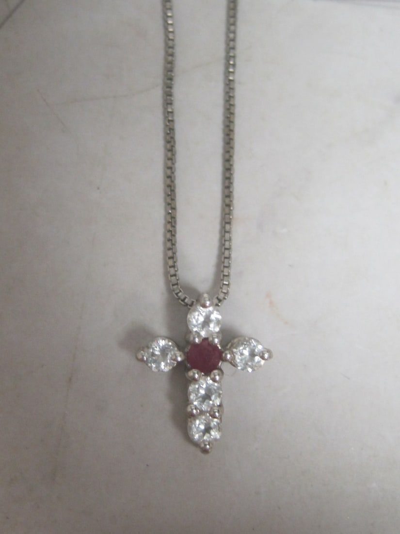 Sterling Silver Ruby & CZ Cross Pendant on 18" Sterling Silver Chain: Weighs 3.3 grams