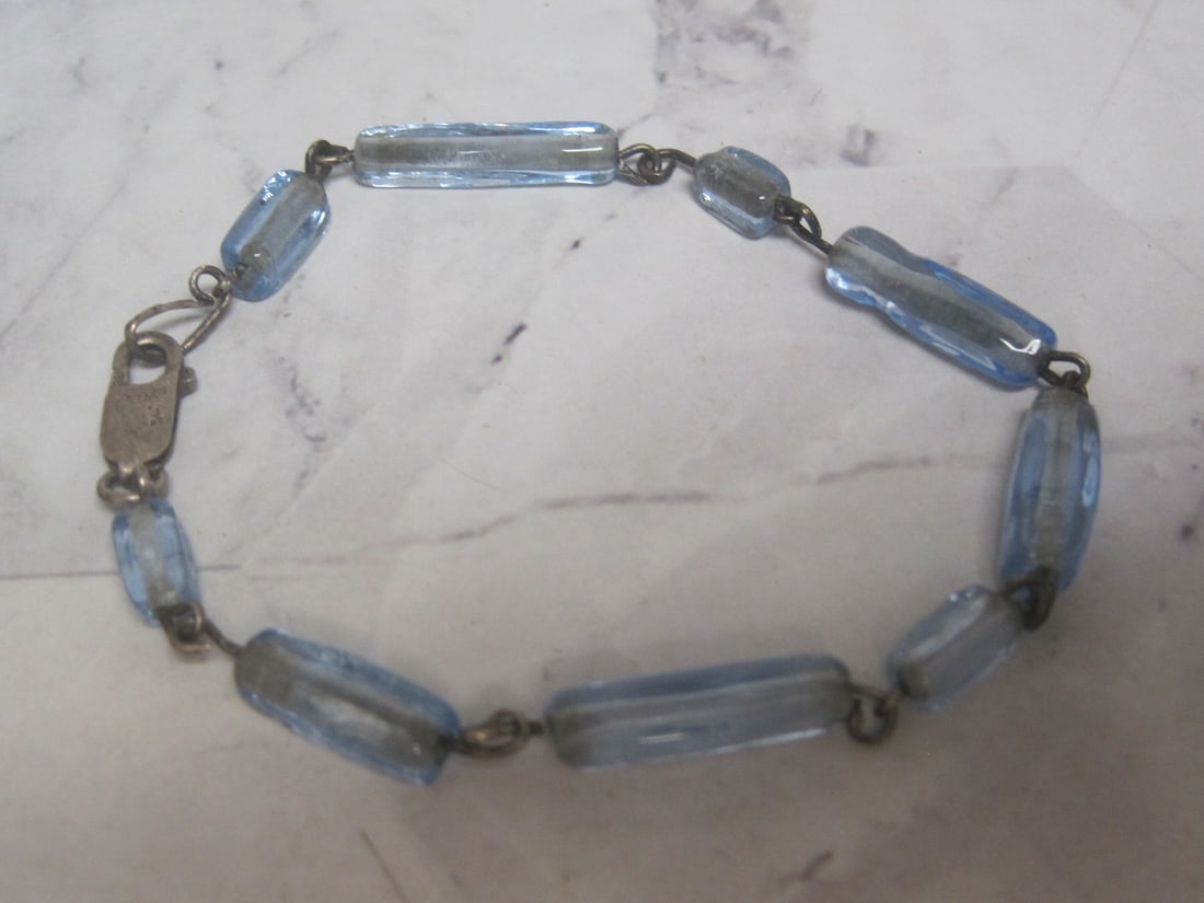 8" Sterling Silver Bracelet with Blue Glass Beads: .