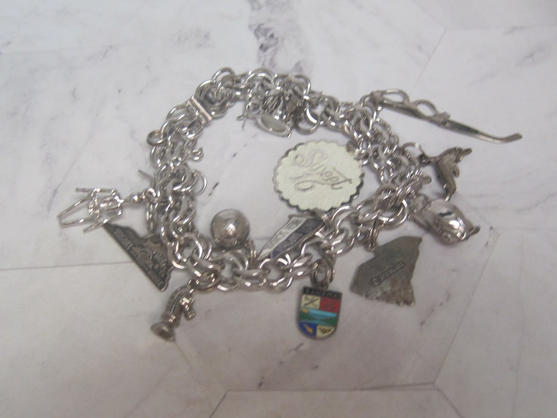 8" Vintage Charm Bracelet with Sterling Silver Charms: Weighs 44.8 grams