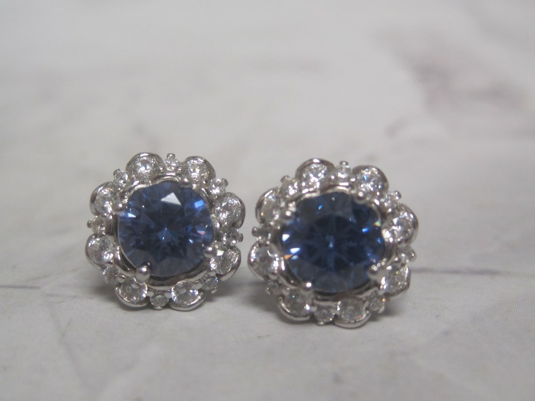Sterling Silver Faux Tanzanite & CZ Pierced Earrings: .