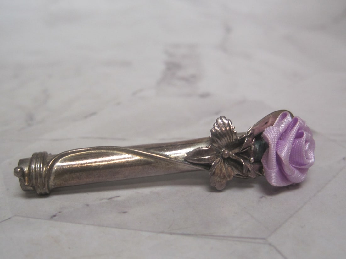 Vintage Sterling Silver Tussie-Mussie Pin with Purple Fabric Rose: Weighs 7.5 grams