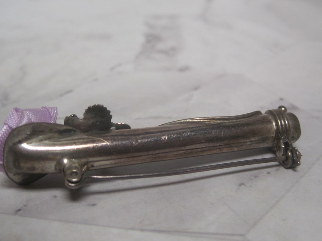 Vintage Sterling Silver Tussie-Mussie Pin with Purple Fabric Rose - 3