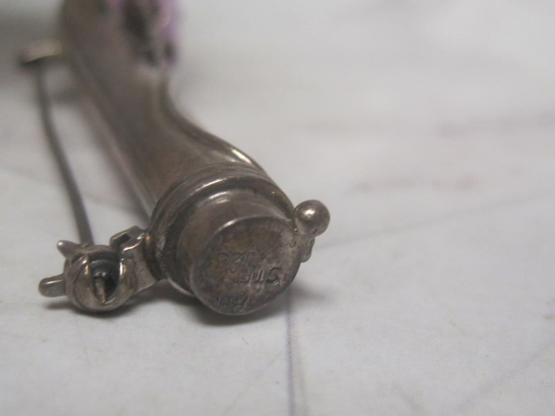 Vintage Sterling Silver Tussie-Mussie Pin with Purple Fabric Rose - 4