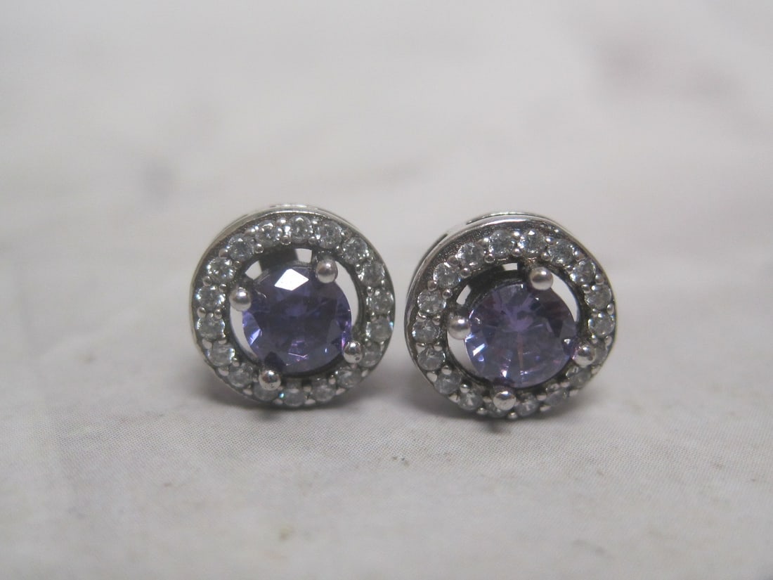 Sterling Silver Amethyst & CZ Pierced Earrings: .
