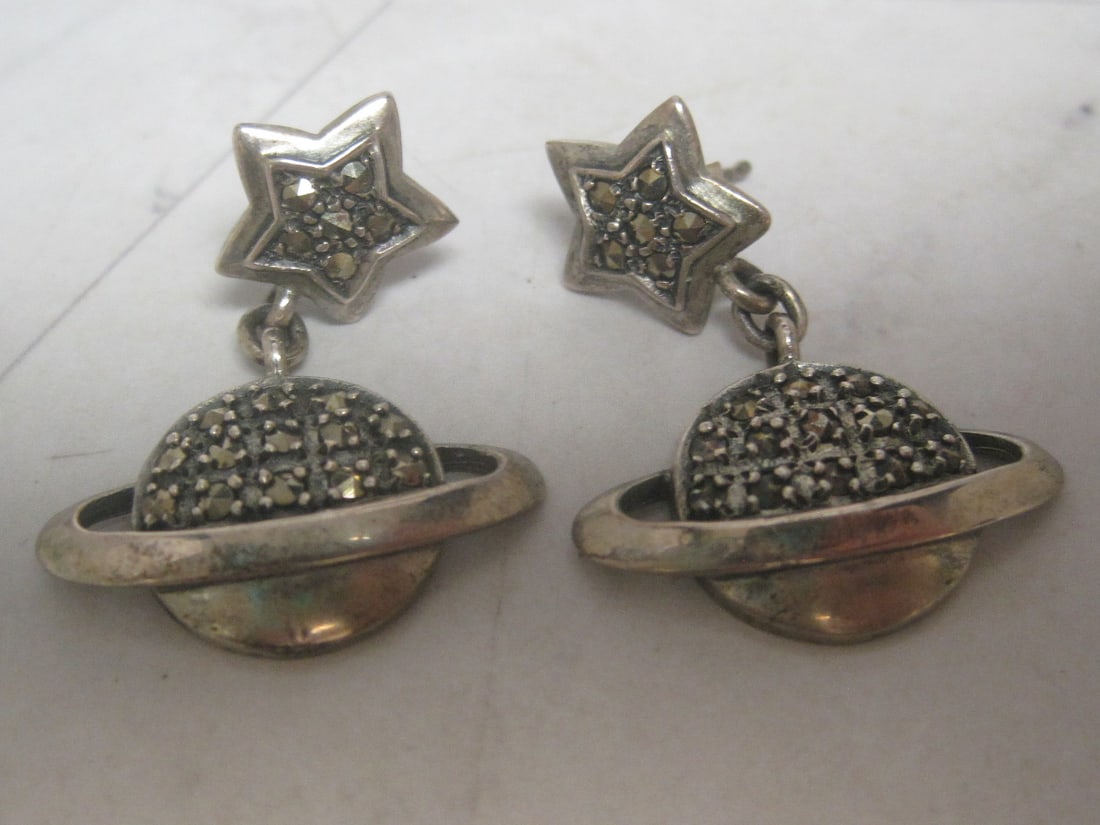 Sterling Silver Marcasite Saturn & Star Pierced Earrings: Weighs 7.1 grams