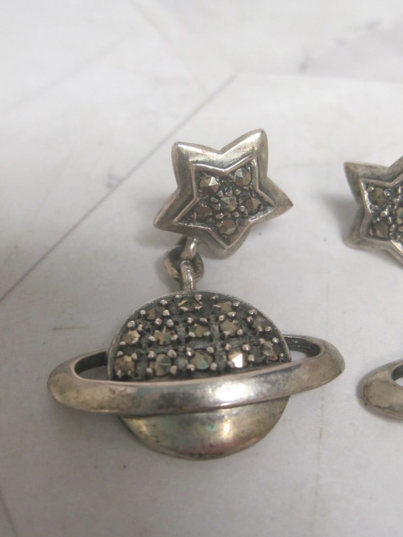 Sterling Silver Marcasite Saturn & Star Pierced Earrings - 2