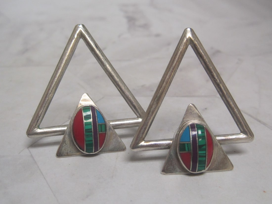 Sterling Silver Southwestern Style Triangle Earrings with Turquoise, Coral, Malachite, & Lapis In...: Weighs 12.7 grams