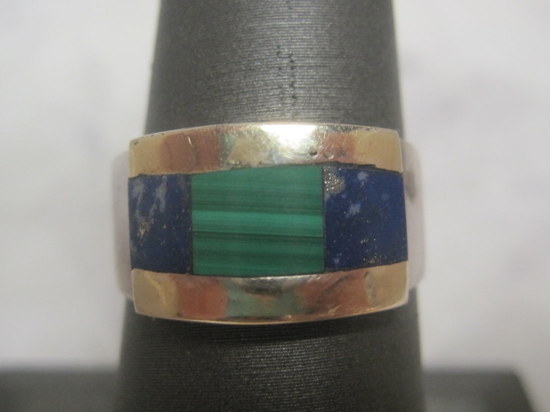 Sterling Silver Band Ring with Lapis & Malachite Inlay: Weighs 4.5 grams, Size 7 3/4, Marked 950