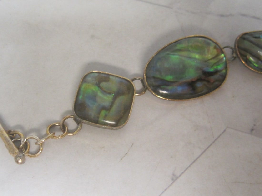8" Sterling Silver Vermeil Iridescent Green Abalone Shell Cabochons Bracelet with Toggle Closure - 2