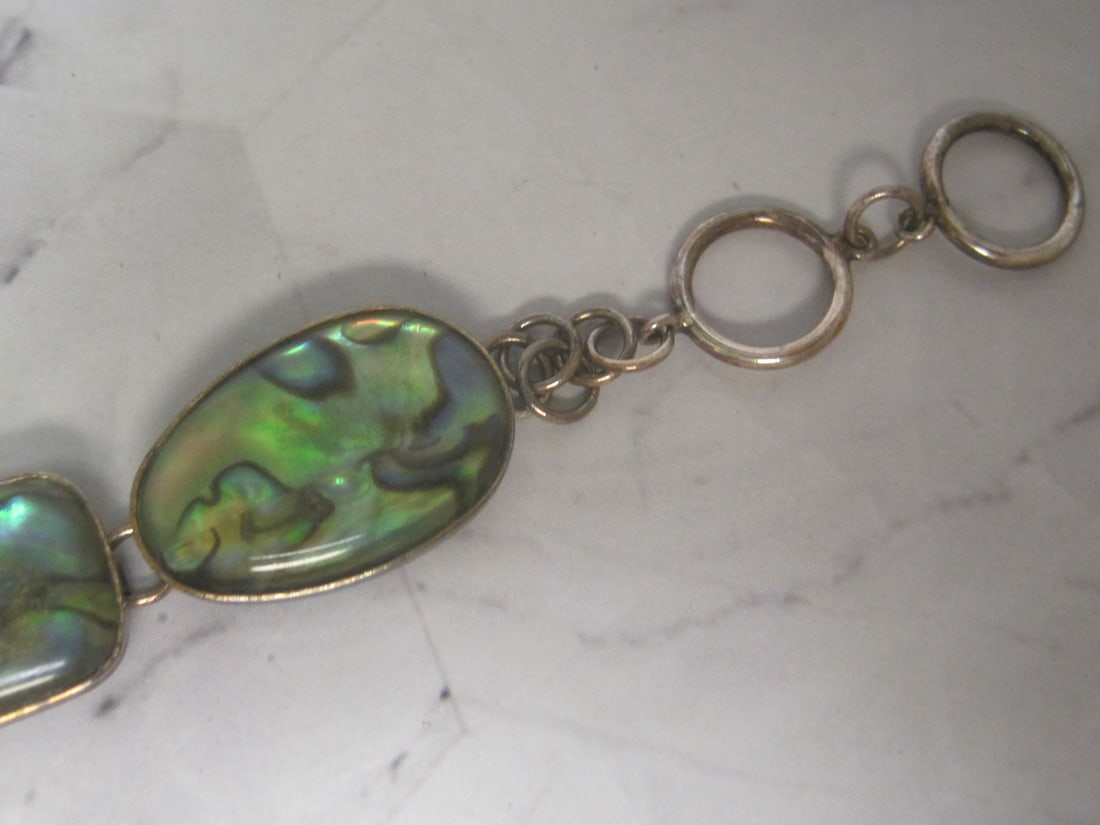 8" Sterling Silver Vermeil Iridescent Green Abalone Shell Cabochons Bracelet with Toggle Closure - 4