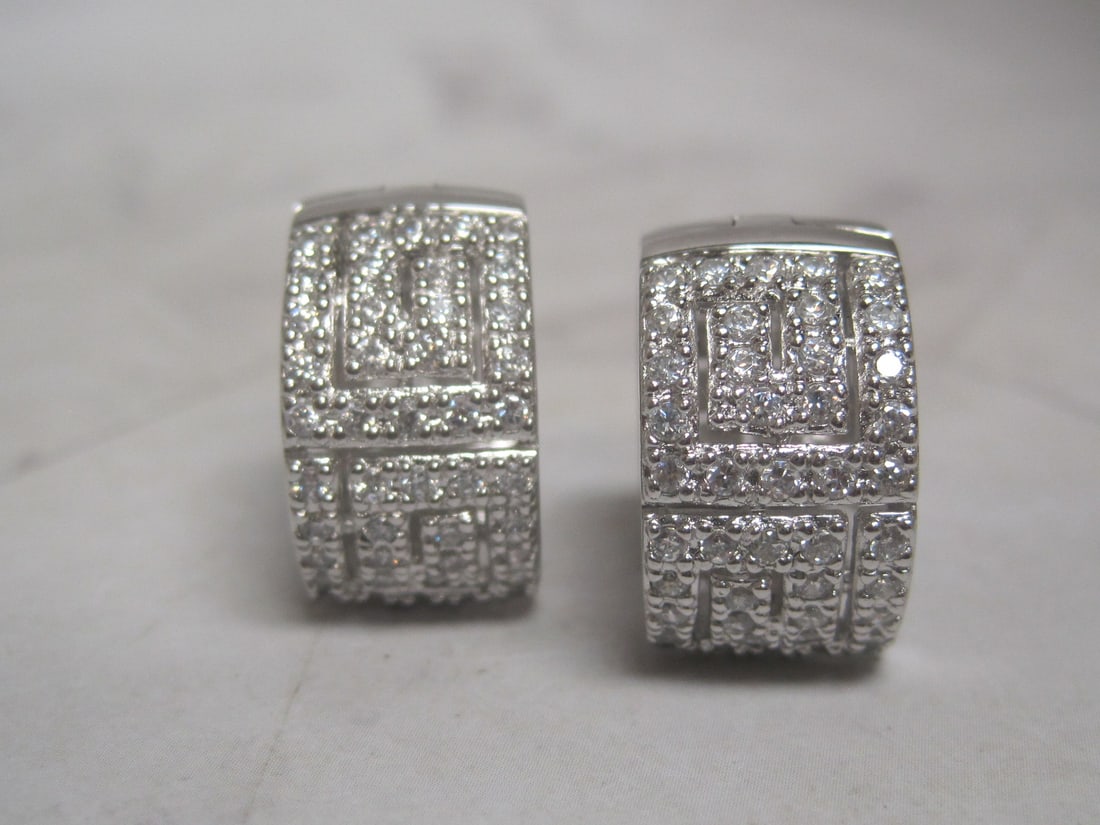 Sterling Silver CZ Greek Key Design Hoop Earrings: Weighs 9.9 grams