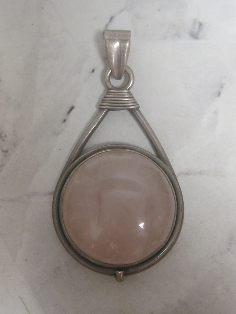 Sterling Silver Pendant with Large Round Pink Stone: Weighs 17.3 grams