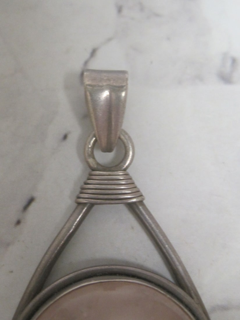 Sterling Silver Pendant with Large Round Pink Stone - 2