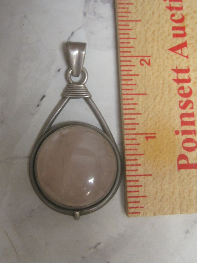 Sterling Silver Pendant with Large Round Pink Stone - 4
