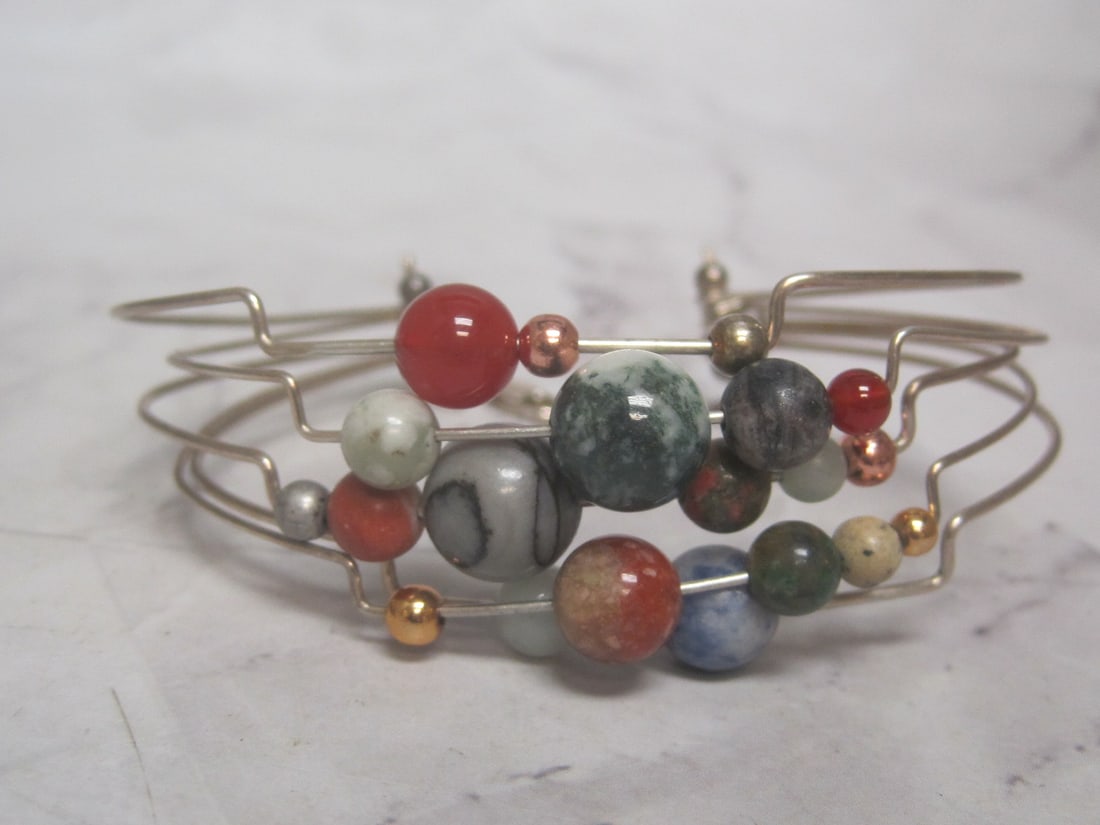 Sterling Silver Multi-Gemstone/Multi-Strand Cuff Bracelet: Weighs 15.7 grams