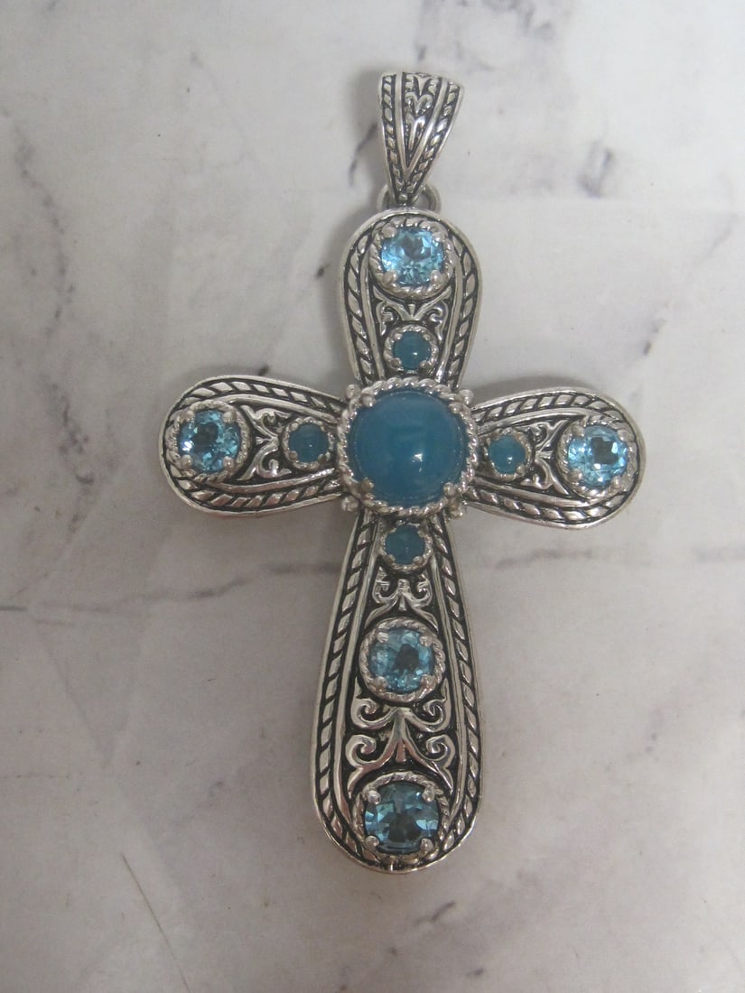 Gorgeous Sterling Silver Cross Pendant with Blue Stones: Weighs 21.6 grams