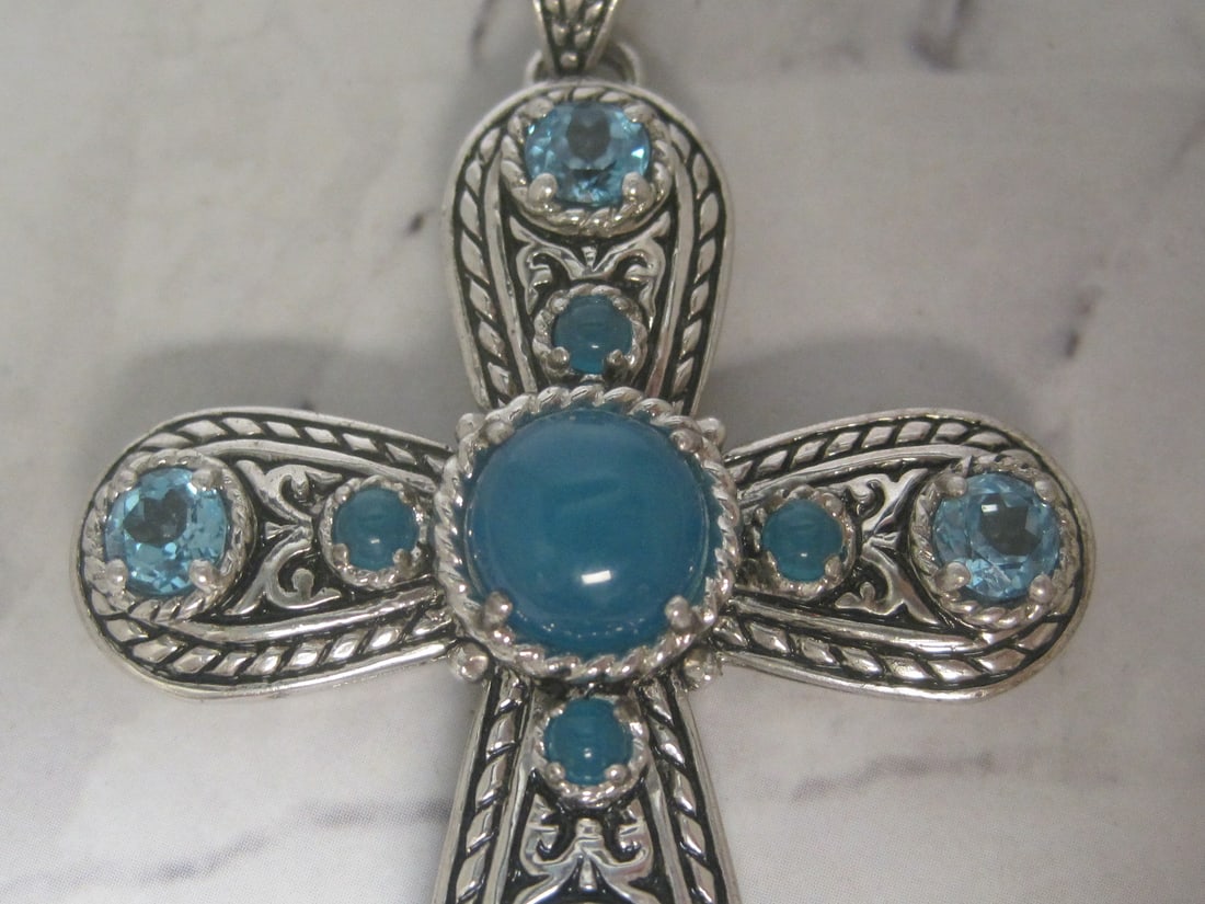Gorgeous Sterling Silver Cross Pendant with Blue Stones - 2