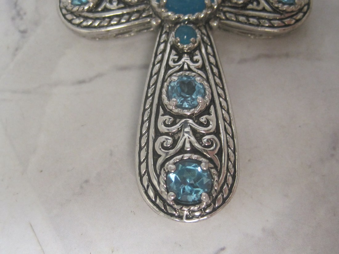 Gorgeous Sterling Silver Cross Pendant with Blue Stones - 3