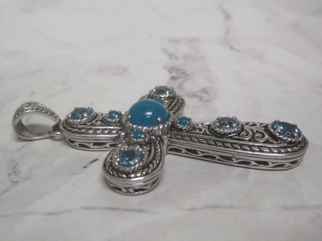 Gorgeous Sterling Silver Cross Pendant with Blue Stones - 4