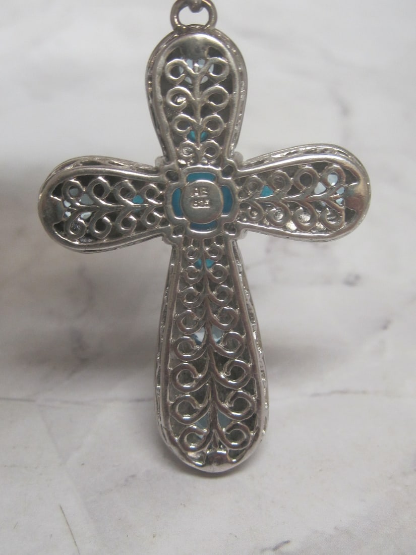 Gorgeous Sterling Silver Cross Pendant with Blue Stones - 5