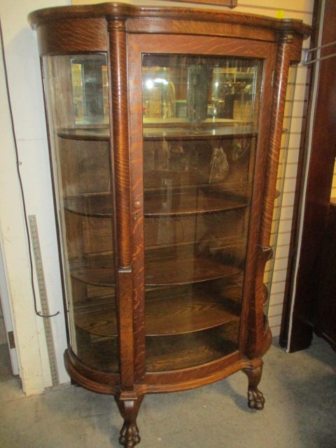 Antique Quartersawn Oak Curved Curio Cabinet w/Wood Shelving: 44 x 16 x 65 w/claw feet