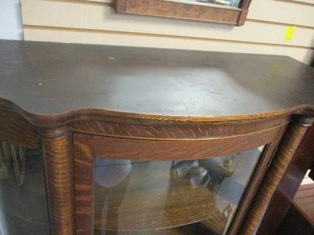 Antique Quartersawn Oak Curved Curio Cabinet w/Wood Shelving - 3