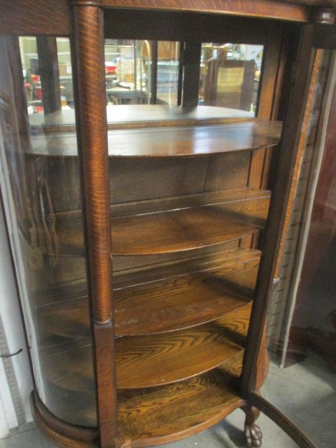 Antique Quartersawn Oak Curved Curio Cabinet w/Wood Shelving - 4