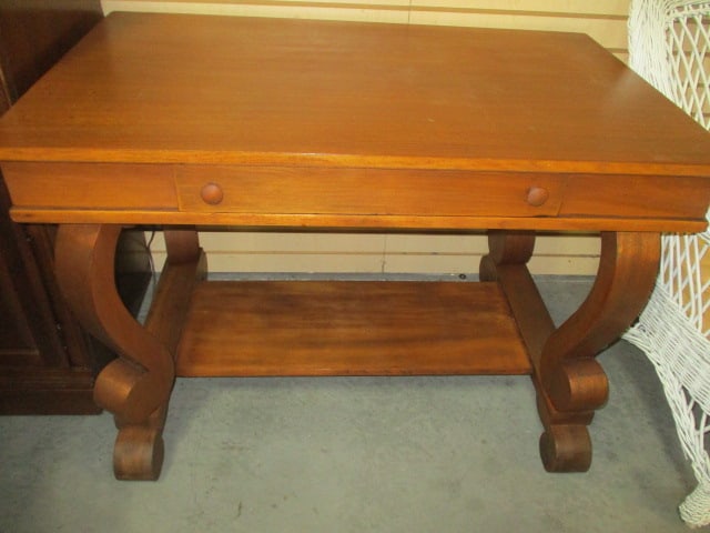 Vtg. Wood Library Table/Writing Desk: 42 x 26 x 29 (has Scroll Carved Legs & Lower Shelf